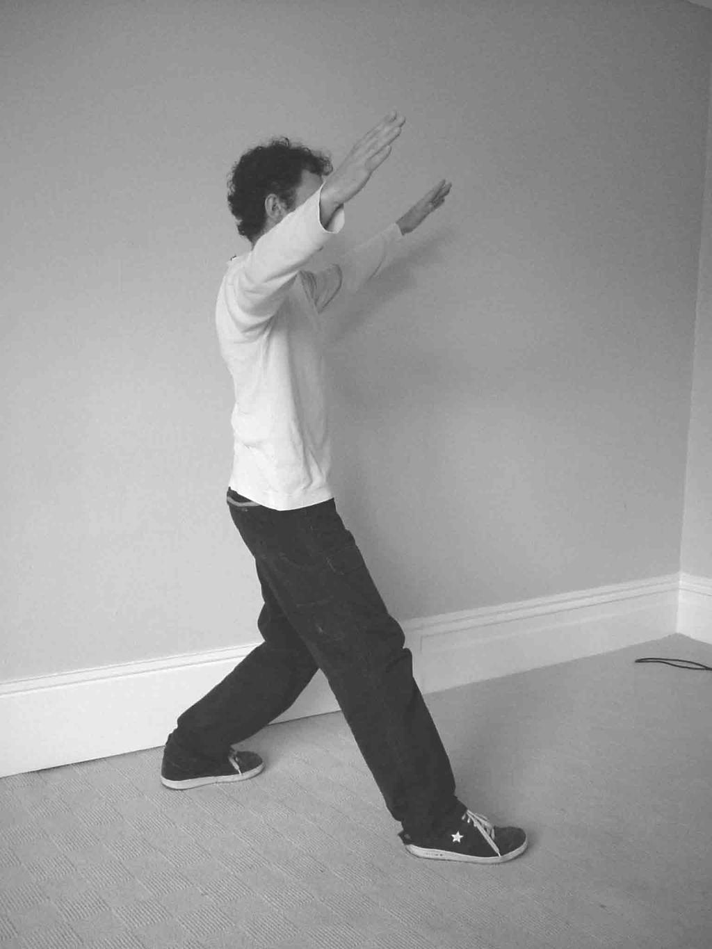 11) Touching the Sea, Looking at The Sky We begin in a 'Bow' stance (Tai Chi Stance)and place the hands over ZuSanLi, the 3 Mile acupuncture point (Stomach 36, below the knee).