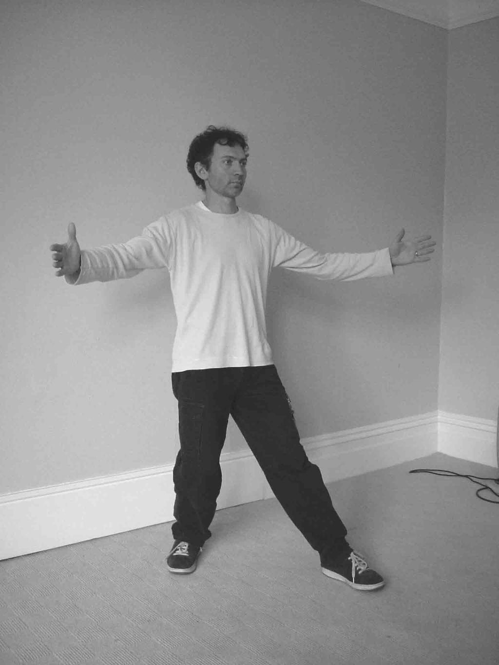 13) Flying Pigeon We begin with the weight forwards in the front leg with the arms in front of us with the palms facing inwards (aligning the Lao Gong points).