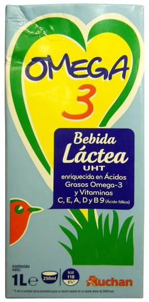 Auchan Omega 3 Milk Drink Alcampo Spain Event Date: Jul 2013 Price: US 1.17 EURO 0.82 Description: UHT milk drink in a 1l tetra brik. Claims: Enriched with omega 3 and vitamins C, E, A, D and B9.