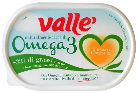 Valle Margarine with Omega 3 Valle Italy Fats & Spreads Event Date: Aug 2013 Price: US 2.25 EURO 1.58 Description: Low fat margarine with omega 3, in a 250g plastic container.