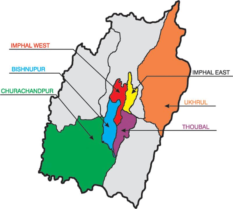 Patterns of Cancer in Selected Districts - Manipur State MANIPUR STATE Figure 5(C) gives the Map of India highlighting Manipur State and Figure 5(D) gives the Map of Manipur State highlighting the