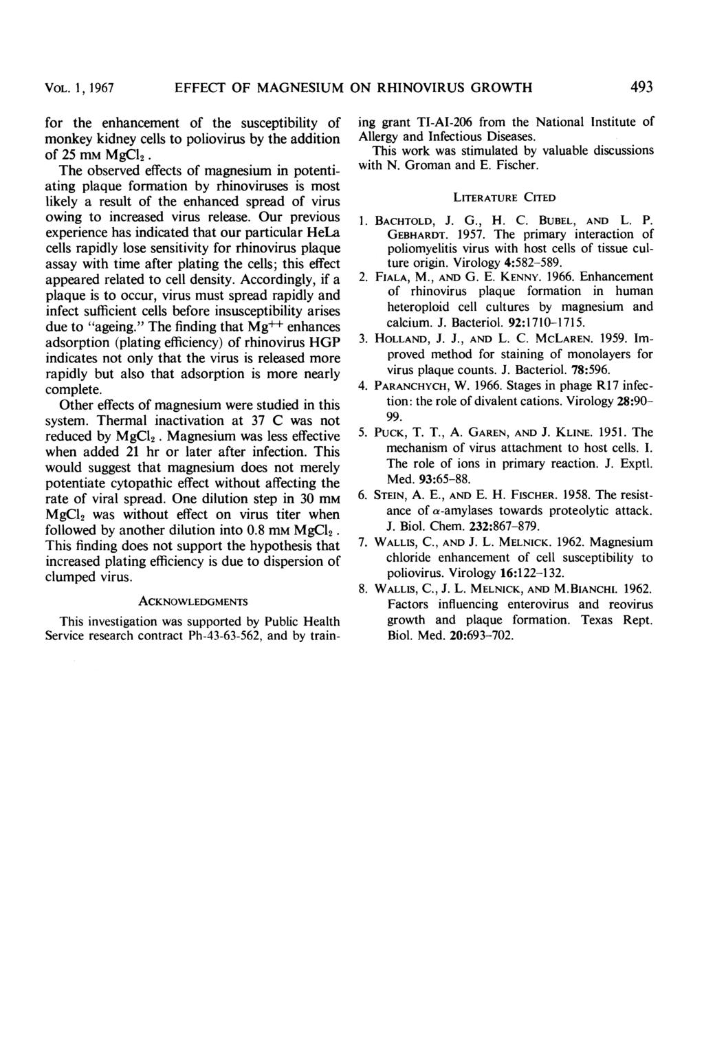 VOL. 1, 1967 EFFECT OF MAGNESIUM ON RHINOVIRUS GROWTH 493 for the enhancement of the susceptibility of monkey kidney cells to poliovirus by the addition of 25 mm MgC12.