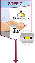 Squeeze the skin at your injection site to make a raised area and hold it firmly. Point the white arrow toward the injection site.