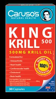 Caruso s King Krill 500mg may assist with the pain, stiffness and joint inflammation of Osteoarthritis. Caruso s King Krill 500mg helps support your Heart and Cardiovascular system.