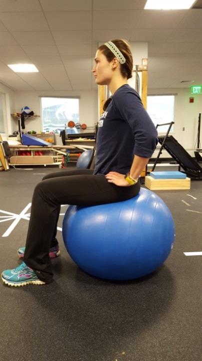 Physioball Sitting (Add Leg Lift) Begin by sitting on Physioball with your spine straight, knees at 90 degrees and your hands on your hips.