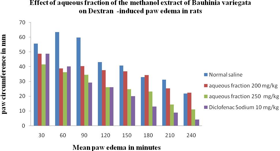 Graph 3: Effect of methanol extract of Bauhinia variegata on dextran-induced paw edema in rats Graph 4:
