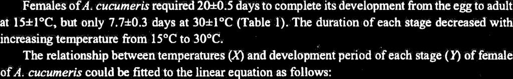 TABLE 1. Developmental period of each stage in days (MeanGE) ofa. cucumeris feeding on the A. corpuzae under 4 constant temperatures conditions.