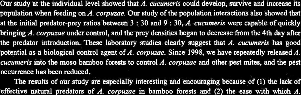 Parameters of population increase of A. cucumeris feeding on A. corpuzae at 25Â±1Â Parameters A. cucumeris A. corpuzae Net reproductive rate Ro per generation 20.80 21.
