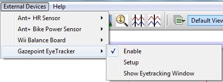 Eye Tracker Setup 1. Open External Devices on the main menu bar (Figure HP-17-S3). Figure HP-17-S3: External Devices set up window. 2.
