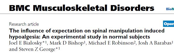 Hypoalgesia responses to spinal manipulation is influenced by expectation.
