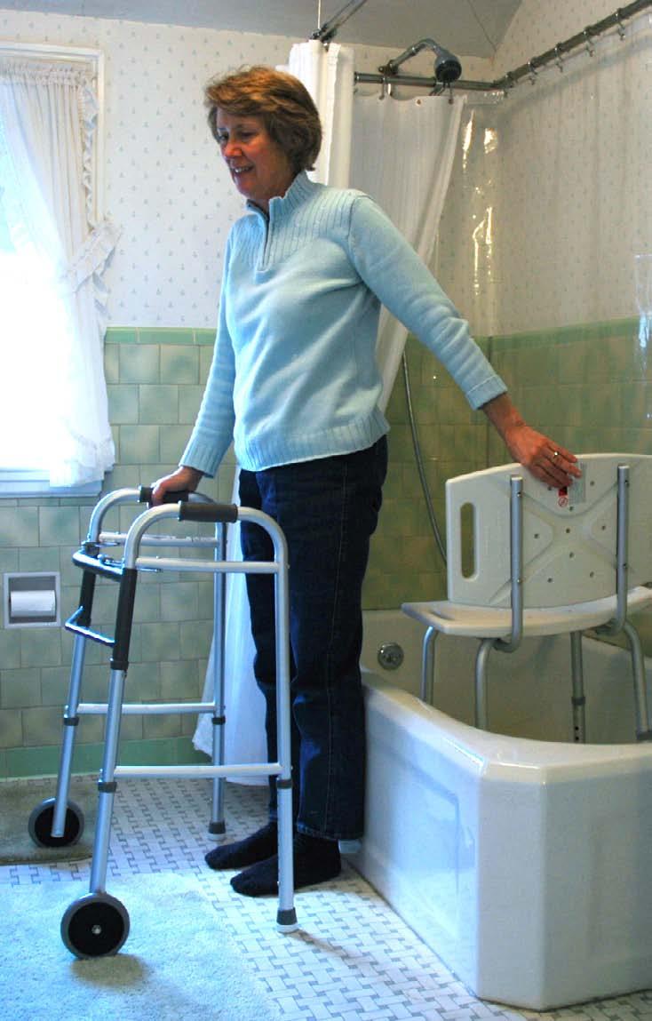 Reach back with one hand for chair; leave other hand on walker Sit down on the chair with your operated leg out straight Lift legs into the tub, helping your operated leg with your