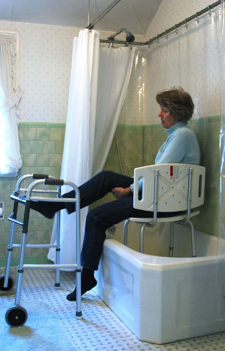 Rehabilitation Bathing Continued Getting out of a tub shower with a chair: Place a robe or towel securely around your