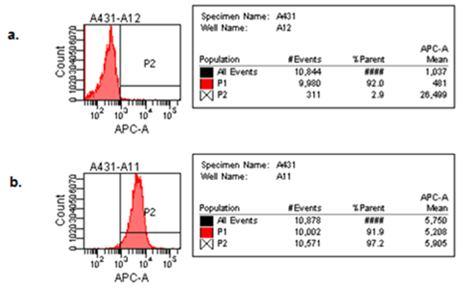Results After FACS analysis graphs like Figure 11 were obtained. These two examples correspond to the addition of different concentrations of IgG Cetuximab to A431 cells.