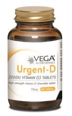 VEGA vitamin D chewable tablets EveryDay-D 400IU (10μg) per chewable tablet 100 and 500 tablet bottles for the whole family Urgent-D 2000IU (50μg) per tablet 60 tablets for adults who require a
