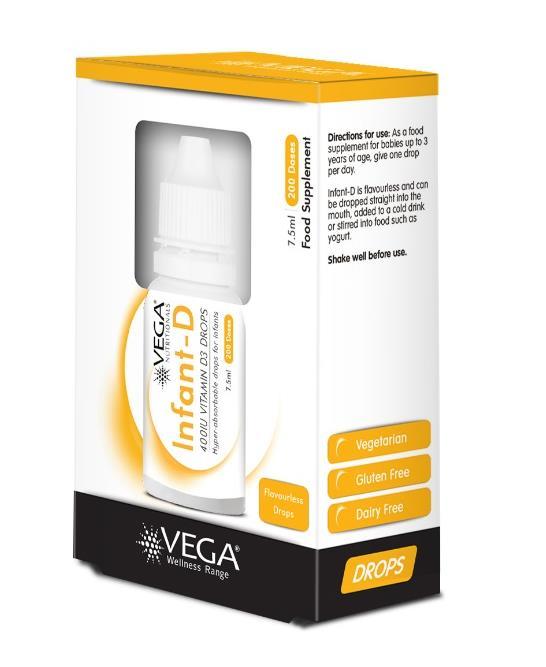 Vega Infant-D drops Easy-to-administer, flavourless vitamin D drops designed specifically for babies and toddlers - 400IU (10μg) per drop the