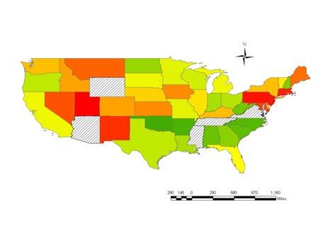 RiskFactor_Rank - Incidence_Rank Figure 2. Map displaying states most at risk for thyroid cancer according to analysis criteria. Red areas have the most risk and green values have the least.