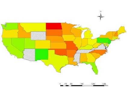 Map displaying 2004 incidence rates of thyroid cancer from the National Cancer Institute (2007a). The red values had the highest incidence rates while the green had the lowest incidence rates.