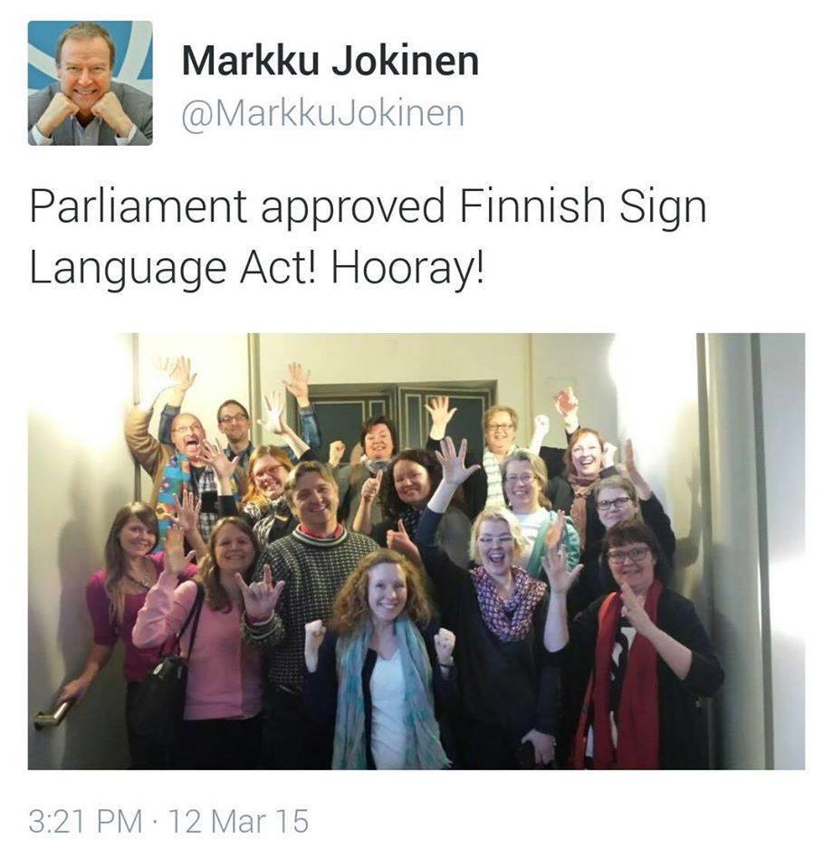CASE IN FINLAND In Finnish legislation, sign language has been recognised in the Constitution of Finland since 1995 The provision of the Constitution to protect the language proved to be ineffective,