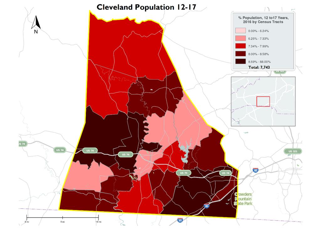 CLEVELAND Veterans: 8.3% Disabled 16.8% Native American: 0.3% Hispanic: 3.1% LGBTQ: 0.6% Community Overview Cleveland County, NC had a population of 97,144 per the 2016 US Census.