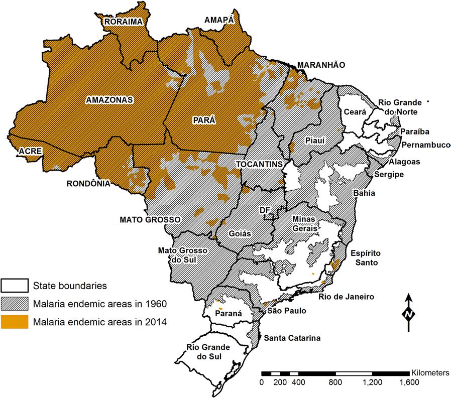 Page 3 of 18 Fig. 2 Extension of the malaria endemic areas in Brazil in 1960 and 2014. The figure shows how the malaria map in Brazil shrunk between 1960 and 2014.