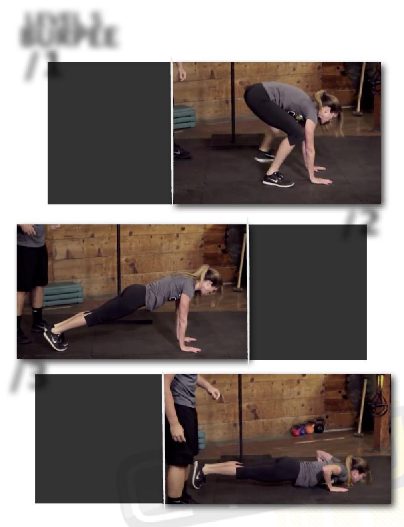 LEVEL 5 BURPEE PAGE 20 /1 /Start with your hands and feet planted on the ground. The movement ends with a jump at the top! /Hop both feet /2 out at the same time into a plank.