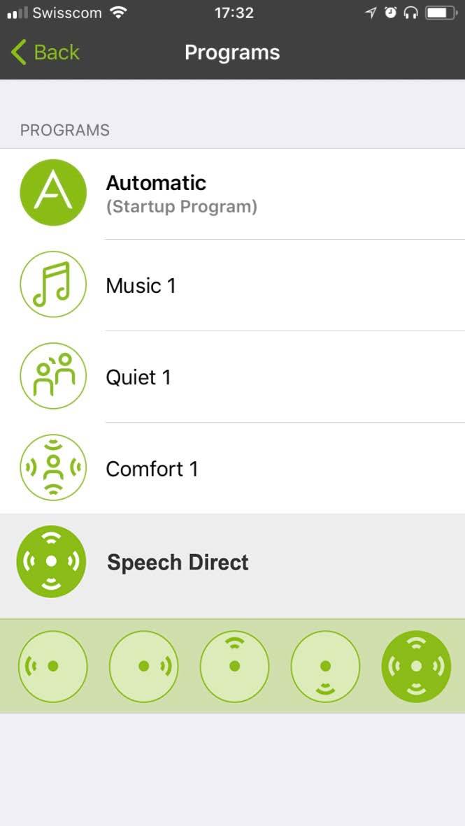 8. Adjusting Speech Direct The Speech Direct screen offers you the ability to choose in which direction to focus your hearing. A. Advanced screen mode Press Programs to see your hearing aid program list.