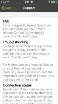 15.4 Help Support Support information about the Phonak RemoteControl Ap