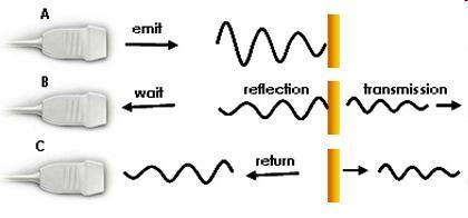 Other waves travel further until they reach another boundary. The reflected waves interact with the piezoelectric crystal to produce a small current.