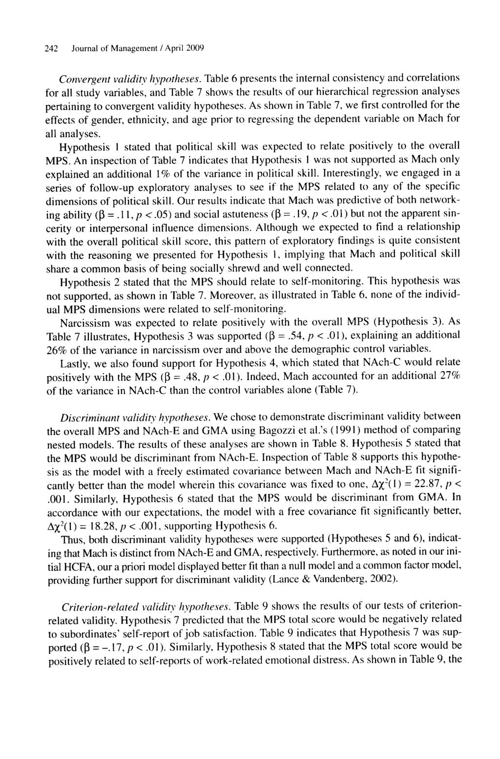 242 Journal of Management / April 2009 Convergent validity hypotheses.