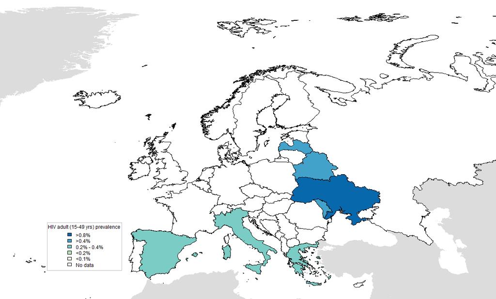 5 FACTORS CONTRIBUTING TO CERVICAL CANCER - 16 - Figure 126: Prevalence of HIV in Europe Data accessed on 22 Mar 217.