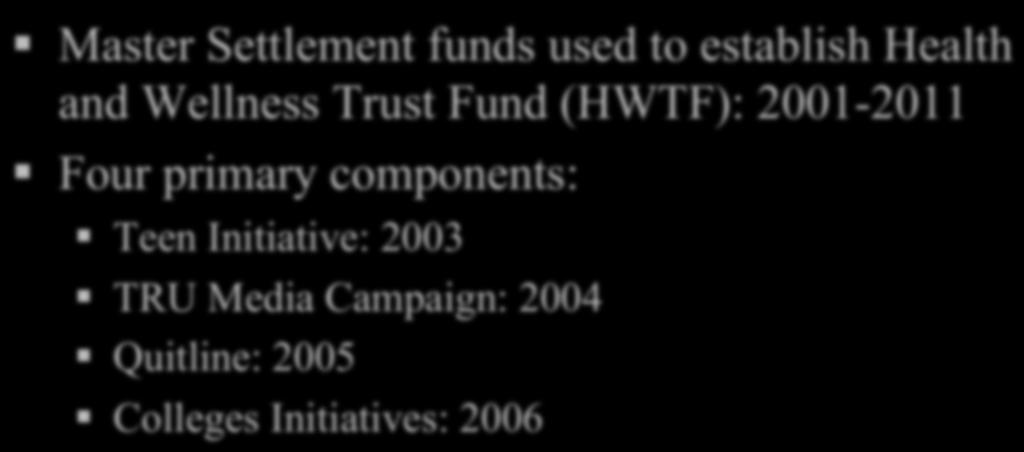 NC Comprehensive Tobacco Programs Master Settlement funds used to establish Health and Wellness Trusthere Fund (HWTF): 2001-2011 Click to add text Four