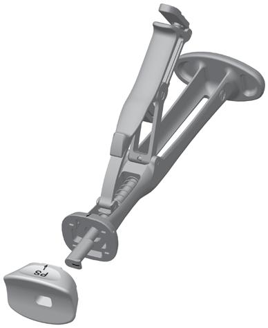 Hold the Femoral Inserter/Extractor, with the handle in the open position and insert the Femoral PS Impactor Pad, aligning the "PS" on the Femoral PS Impactor Pad with the arrow on the Femoral