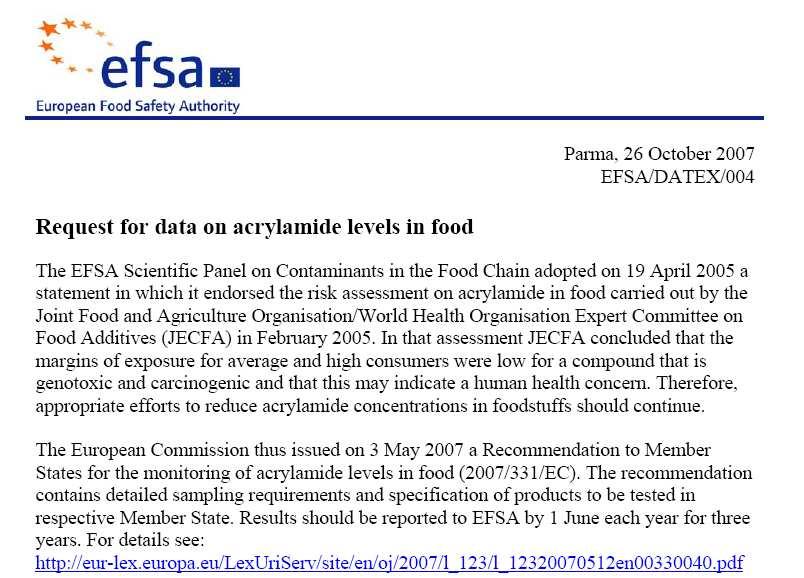 EFSA says acrylamide levels are rising not falling.