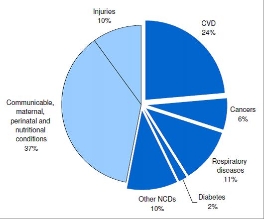 8 Figure 3 Percent of Moralities in India by Cause, 2008. NCDs = Non-communicable diseases. CVD = Cardiovascular disease.