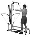 Remove (or straddle) the bench and stand facing the power rods. Grasp the lat bar with your palms down. Step back slightly.