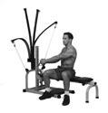 Sitting sideways on the bench with one side facing the power rods, grasp the handle closest to you with both hands. Raise both arms up to shoulder level, centered in front of the middle chest.