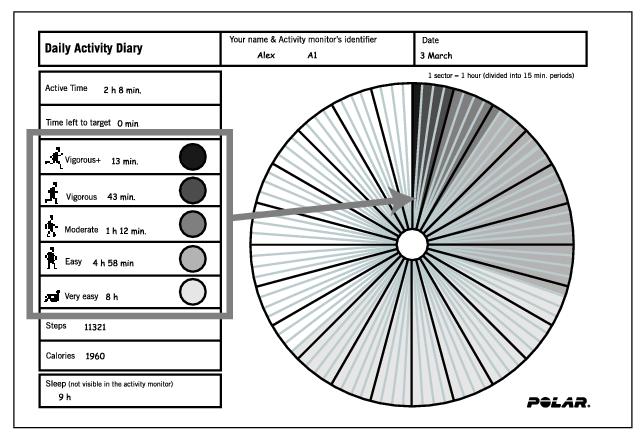 STEP 3 The circle in the daily activity diary represents a day. It has been divided into 24 sectors. Each sector stands for an hour. Each hour has been divided into four 15 minutes phases.