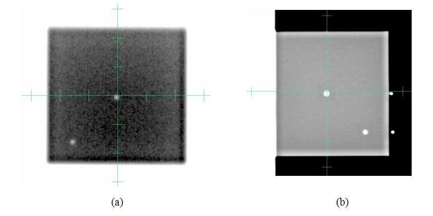 131 Kim et al.: Commissioning and use of Novalis Tx 131 Fig. 2. Example pair of (a) AP MV, and (b) right lateral kv images of OBI cube phantom after aligning the phantom with the room lasers.