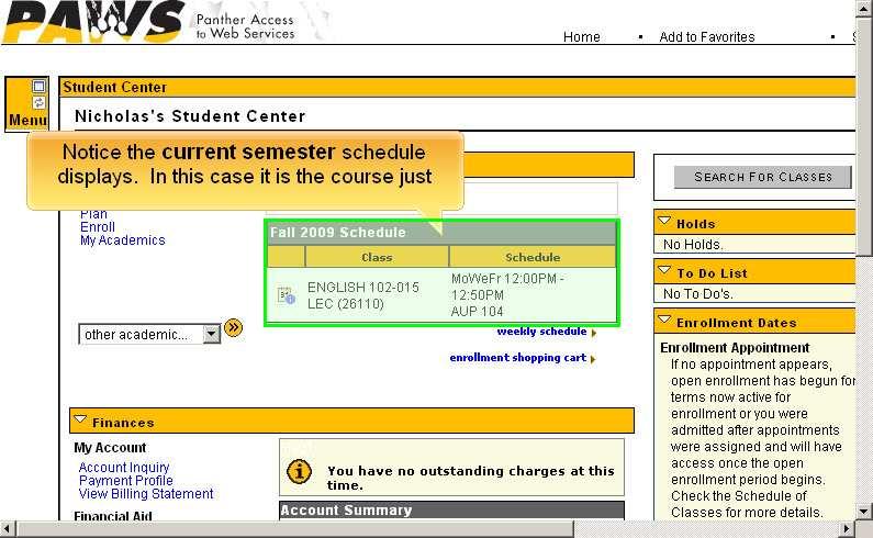 Slide 53 Text Captions: Select the Student Center item. Slide 54 Text Captions: Select the >> button.