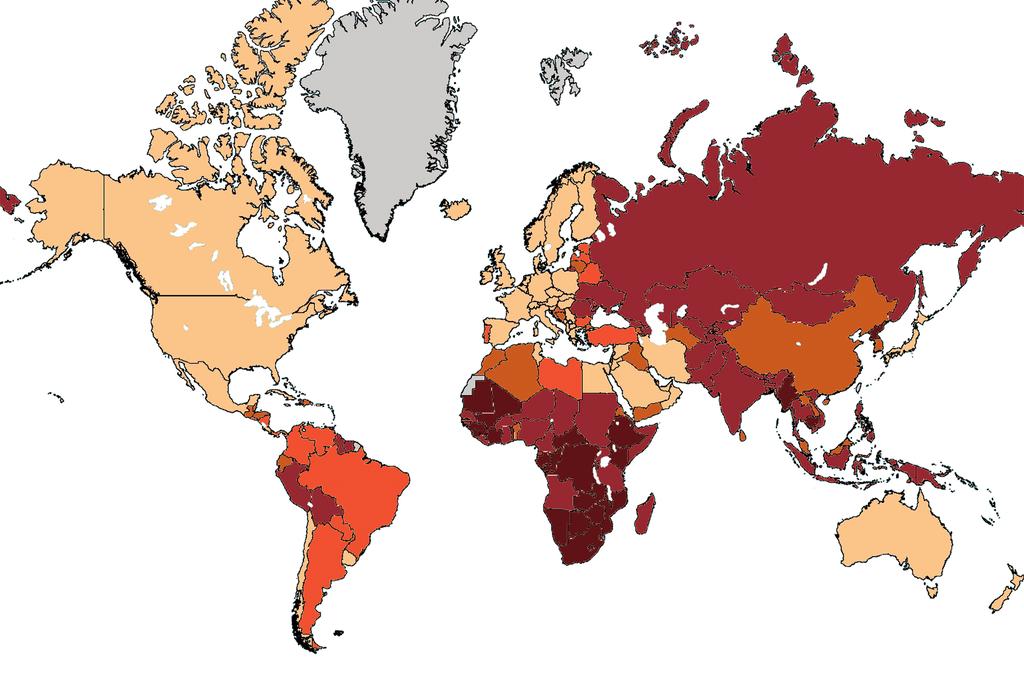 Incidence rate (cases per 100,000 population) 300 100 to 299 50 to 99 25 to 49 1 to 24 0 or not available Figure 1. World map of estimated tuberculosis incidence rates.