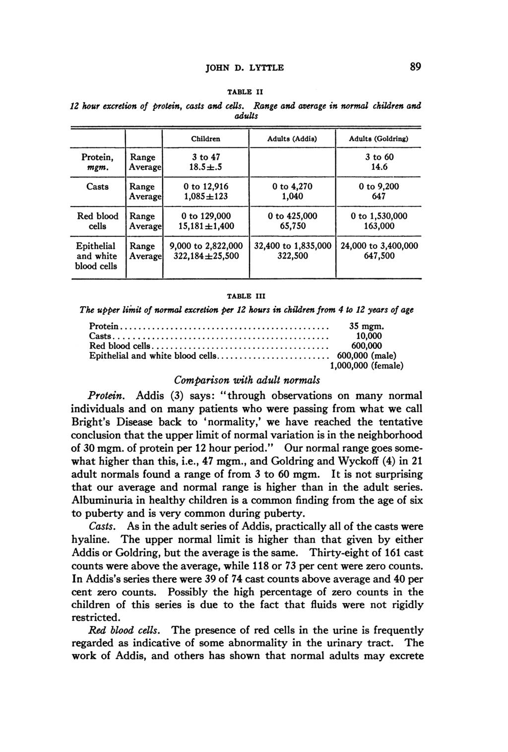 JOHN D. LYTTLE 89 TABLE II 12 hour excretion of protein, casts and cells. Range and average in normal adults children and Children Adults (Addis) Adults (Goldring) Protein, Range 3 to 47 3 to 60 mgm.