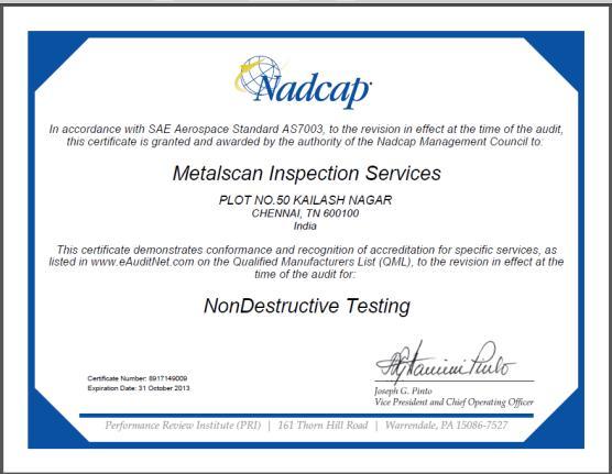 INTRODUCTION METALSCAN INSPECTION SERVICES is an ISO certified organization which has registered under small scale industries act and established in 1998 at Chennaiand is a corporate partner of