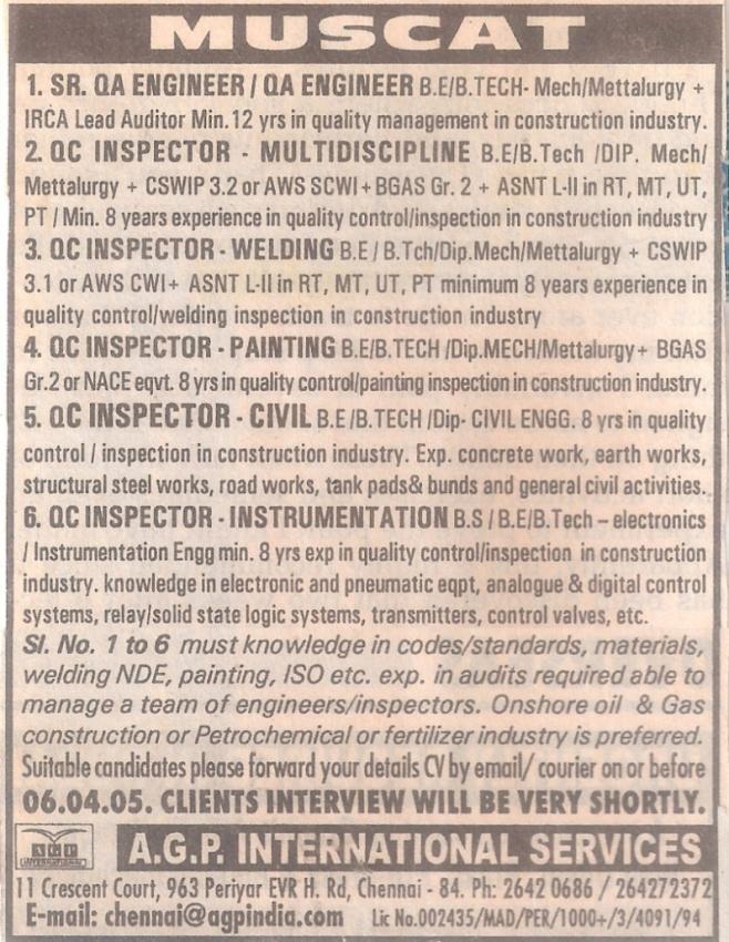 QA/QC CERTIFICATION News paper cutting givenhere is a classified advertisement for recruitment of QA/QC engineers.