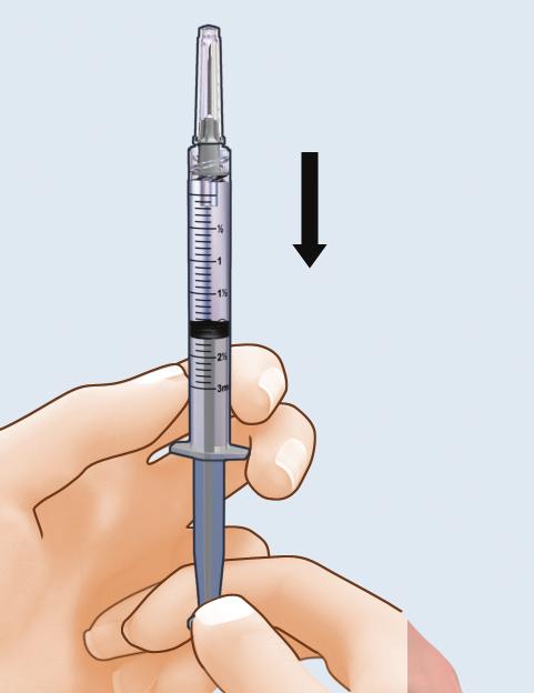 To draw air into the syringe, hold the syringe at eye level. Do not remove the needle cover.
