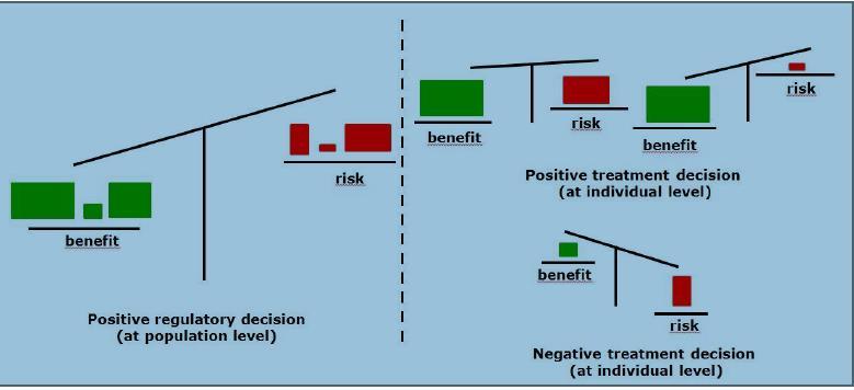 Benefit risk is complex The regulatory decision taken at population level is distinct from the treatment decision taken for the individual patient, and a positive regulatory decision based on