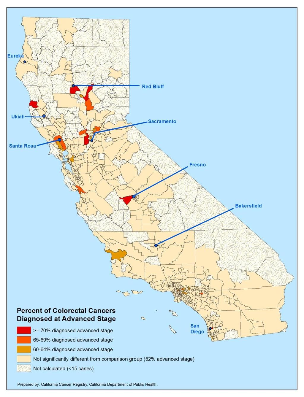 Advanced stage colorectal cancer in California communities among men and women 50 years and older, 2007-2011 Dark red: 70% or more of cases diagnosed at advanced stage Dark Orange: 65-69% of cases