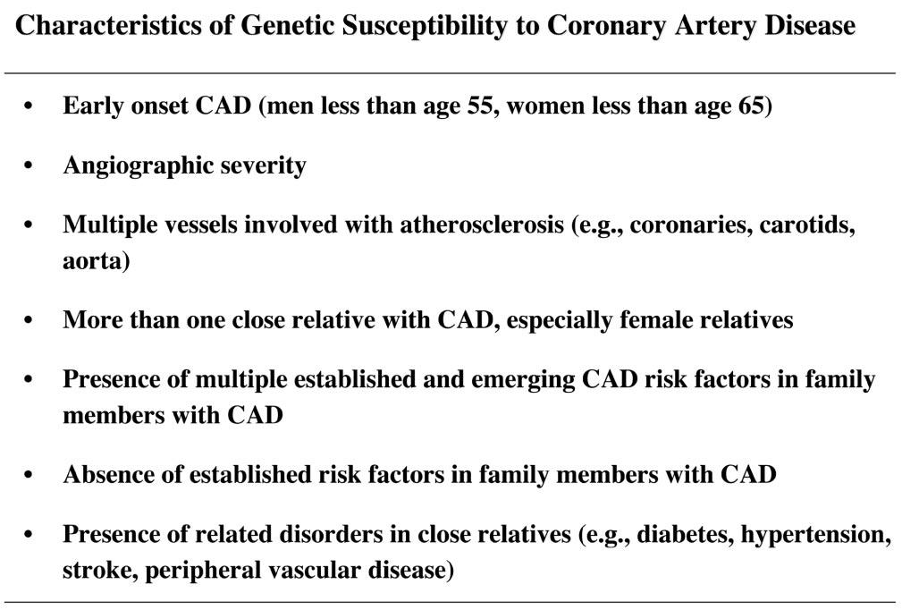 Genetic evaluation for CAD Fig. 1 Personal and family history characteristics of genetic susceptibility to coronary artery disease.