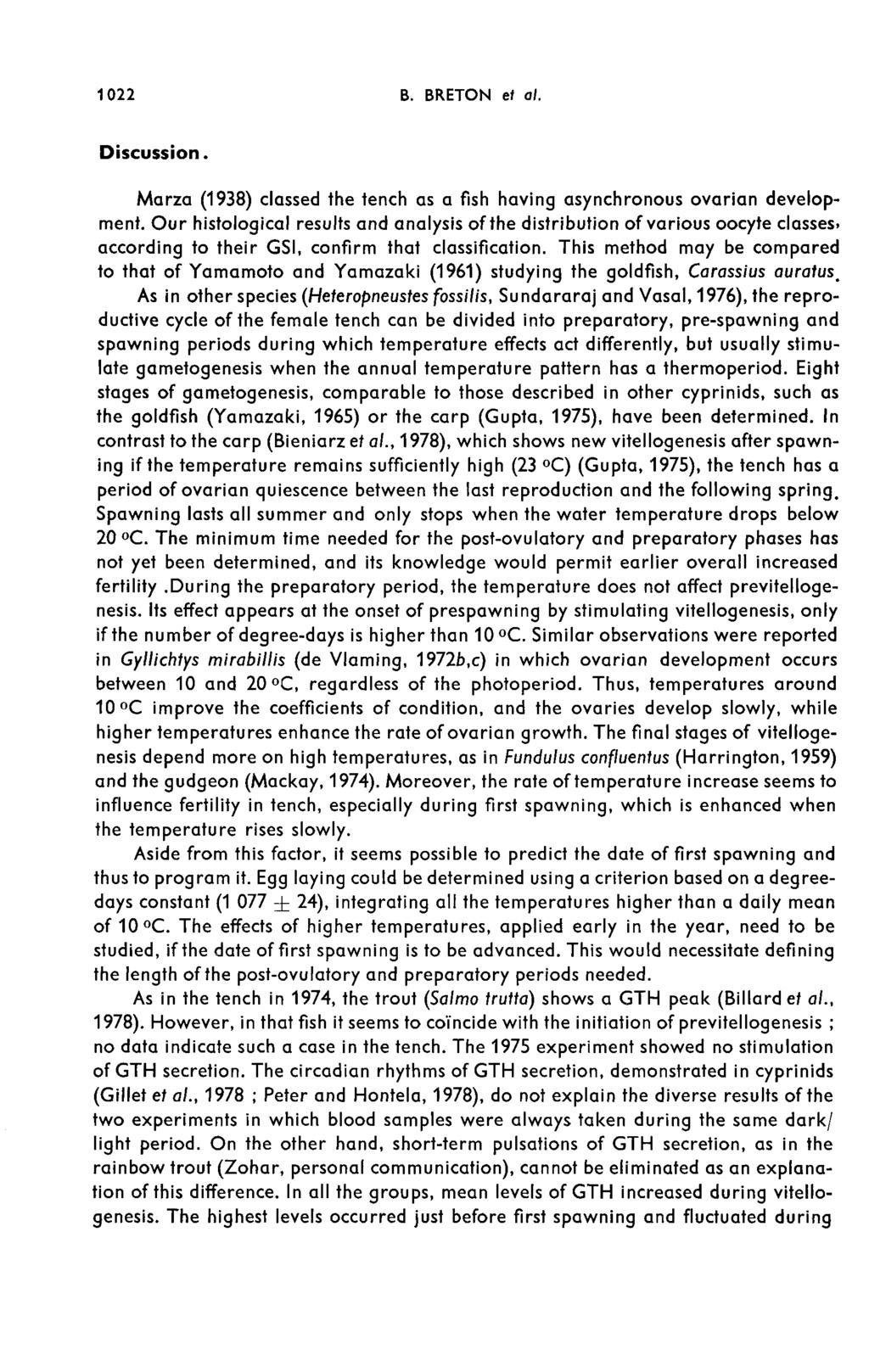 Discussion. Marza (1938) classed the tench as a fish having asynchronous ovarian development.