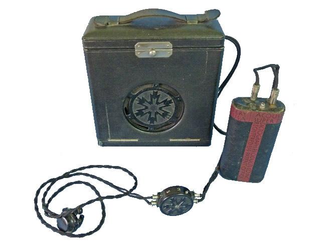 Fig. 13. The Acousticon Model 28 carbon hearing aid a lowerpowered single carbon microphone hearing aid shown in its resonant case (1927). Fig. 14.