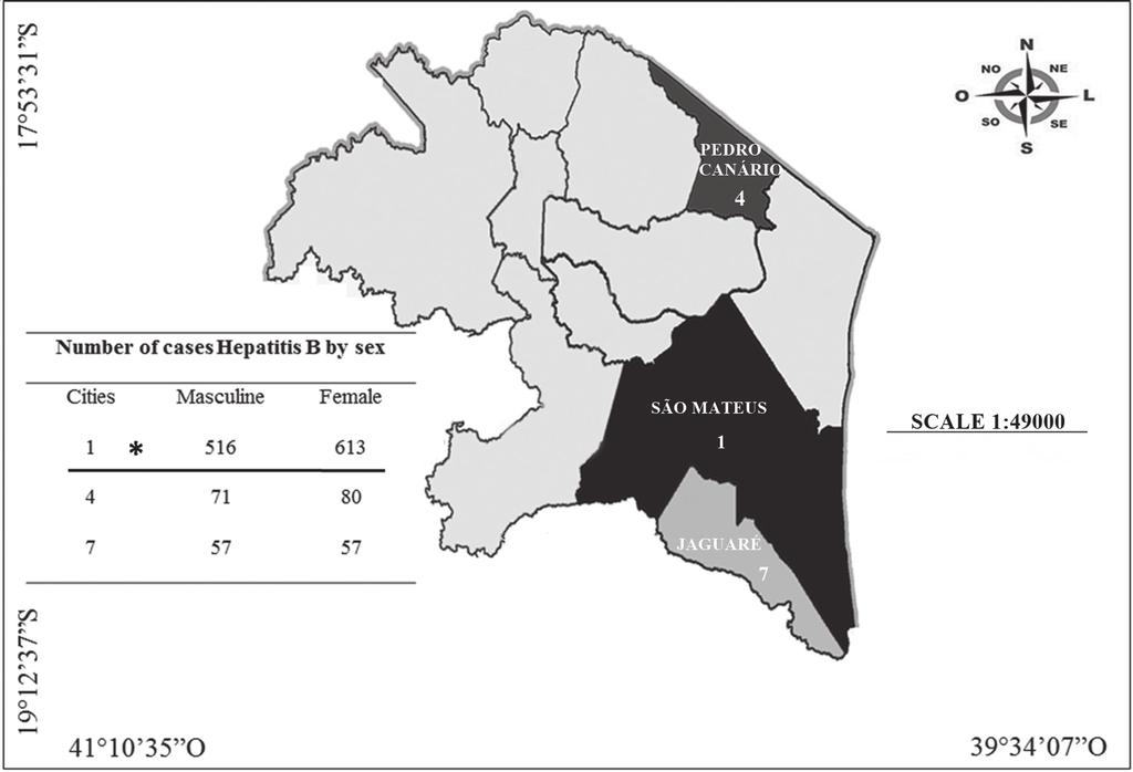 EPIDEMIOLOGY OF HEPATITIS B IN ESPÍRITO SANTO, BRAZIL 1553 Figure 4 - Map of cities in the northern region had the highest number of notifications HBV stratified by gender.
